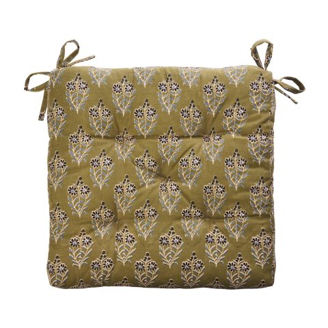 Madam Stoltz Printed Cotton Chair Pad - Olive